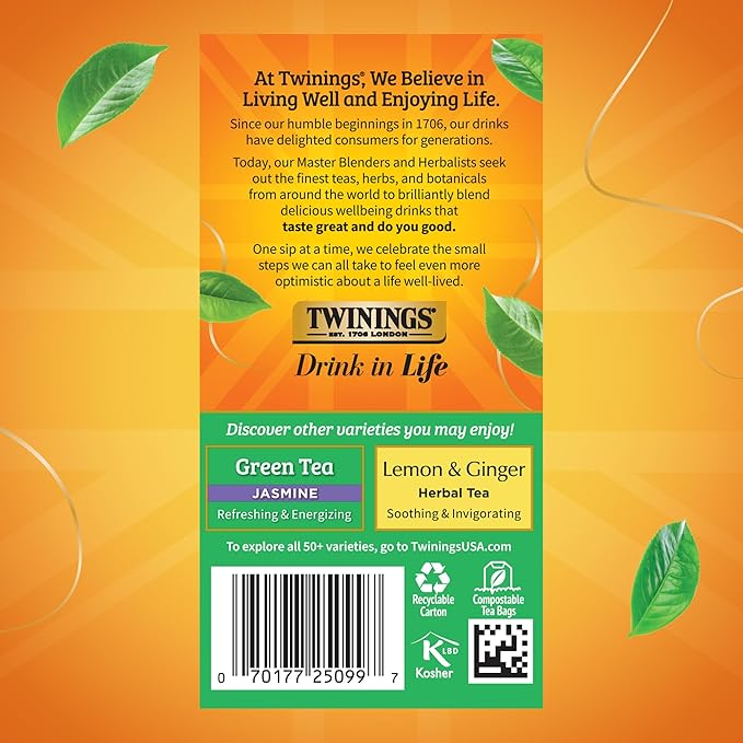 Twinings Green Tea with Lemon Individually Wrapped Bags, 20 Count (Pack of 6), Zesty Citrus Aroma & Flavour, Caffeinated, Enjoy Hot or Iced, 120 Teabags