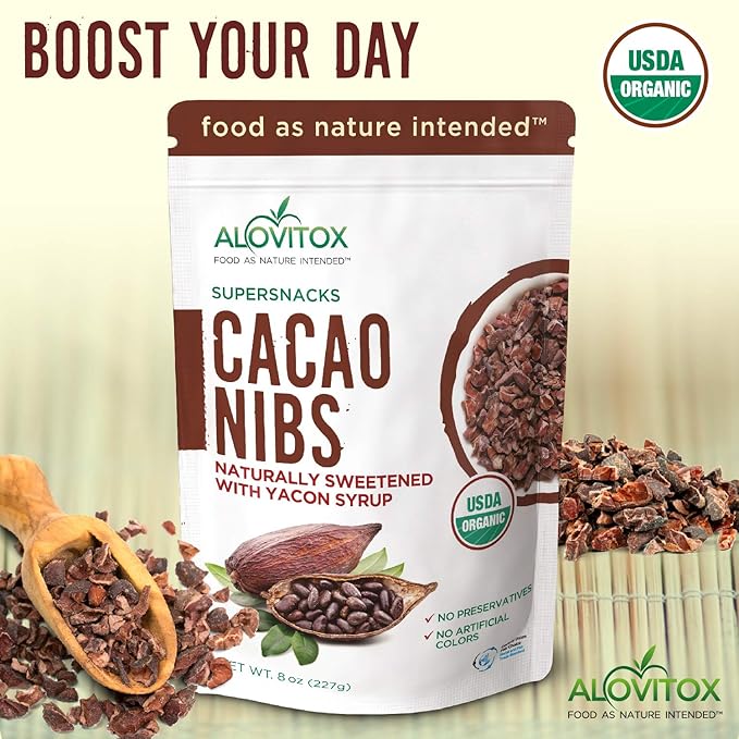 Alovitox Cacao Nibs With Organic Yacon Syrup | Healthy Protein Bite Snack (Raw, Non-GMO, Sugar Free, Keto, Paleo, Gluten Free & Vegan) | Antioxidant With Criollo Chocolate Extracts | 8 Oz