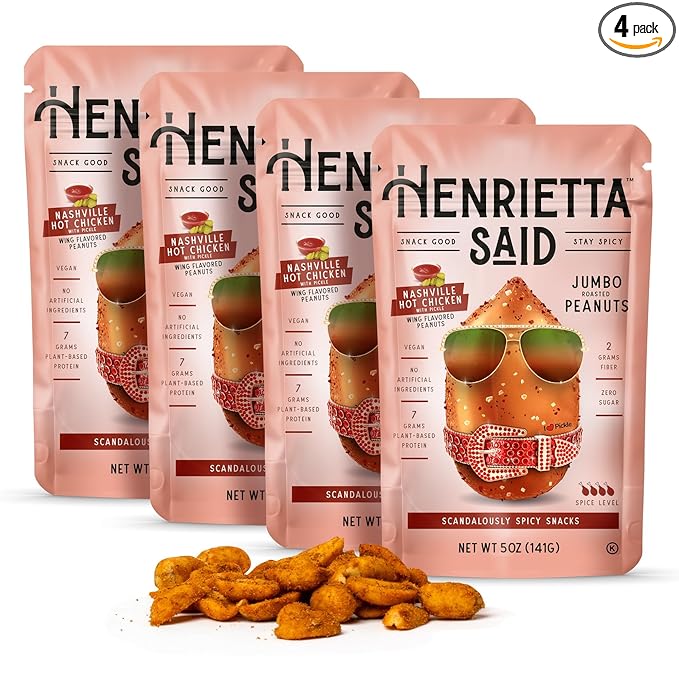 Henrietta Said Wing-Flavored Peanuts - Truly Good Foods Snacking Nuts - Bold Flavors - Savory & Spicy Jumbo Flavored Peanuts - Vegan Snack - 4 (5-oz) Packs - Nashville Hot Chicken With Pickle
