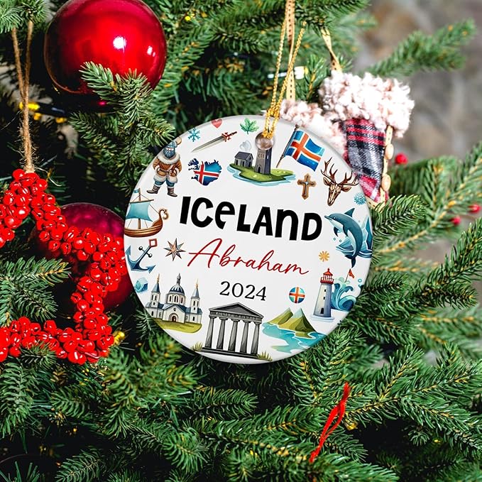 Custom Name Iceland Landmarks Ceramic Ornament, Personalized Souvenir Christmas Tree Keepsake Decor