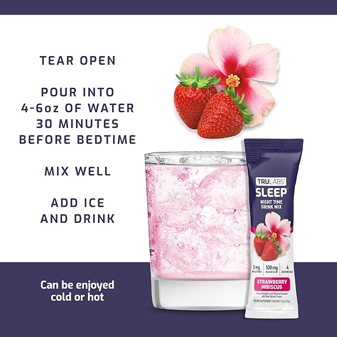 TRULABS Sleep - Strawberry Hibiscus. Sugar Free Sleep Drink. Each Serving Contains: Magnesium, GABA, Passionflower, Valerian Root, Ashwagandha Root & Lemon Balm Leaf Extracts, with 3mg Melatonin (6ct)