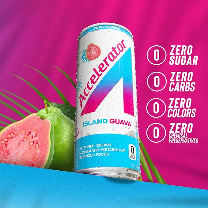 Accelerator Energy Drink Sugar Free, Island Guava 12oz can(12 pack),Zero Sugar Energy Drinks with Sustained Energy from 100% Natural Caffeine (200mg) & Green Tea extract