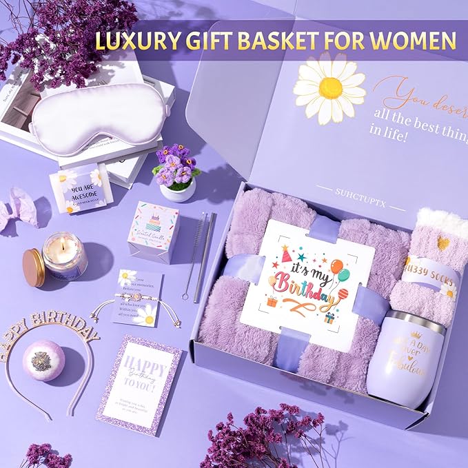 Birthday Gifts for Women, 12pcs Happy Birthday Gift Basket for Women Unique Gifts Set Ideas Relaxing Birthday Box w/ Blanket for Her Mom Best Friends Female Sister Her Friendship(Purple)