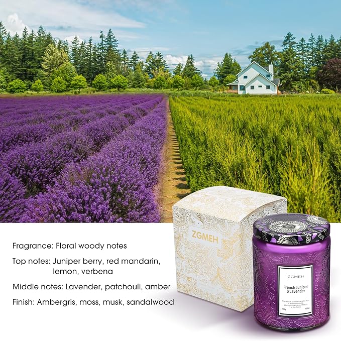 Jar Candles Lavender Home Scented - 100% Natural Soy Wax & 1 Cotton Wick,Luxury Embossed Bottle Candle,Scented Jar Candle Gift for Women/Men 7.05oz/40 Hours Burn Time