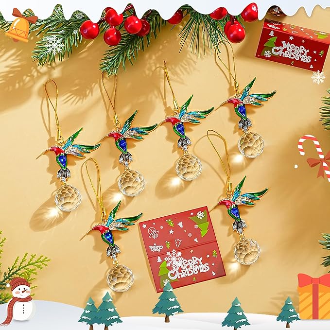 H&D HYALINE & DORA 6 Pcs Hummingbird Hanging Ornaments Christmas Hummingbird Ornaments Clear Crystal Ball Hanging for Christmas Tree Party Home DIY Craft