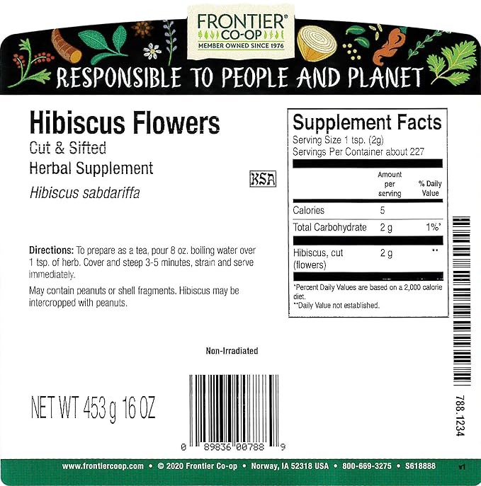 Frontier Co-op Hibiscus Flowers, Cut & Sifted, Kosher | 1 lb. Bulk Bag | Hibiscus sabdariffa L.