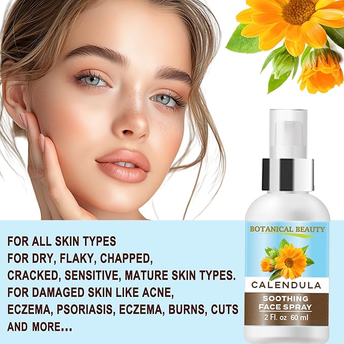 Botanical Beauty Calendula Face Spray - Soothing, Hydrating Mist for Sensitive Skin, Face & Body - 100% Natural, Unscented, Vegan - Eczema, Acne, Dry Skin Relief 2 Fl Oz - 60 ml.