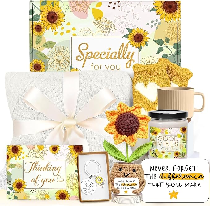 Gossby Gift Basket for Women - Happy Birthday Gift Set for Her, Mom, Sister, Friend, Coworker, Teacher - Get Well Soon, Thinking of You Sunflower Care Package - Never Forget The Difference You Make