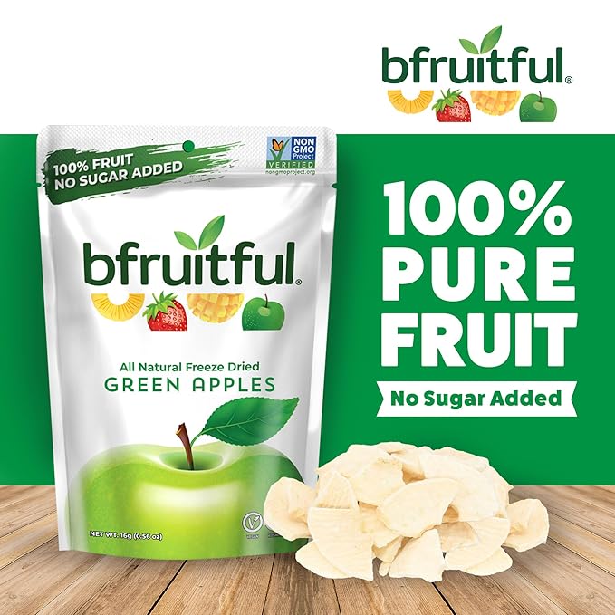 bfruitful Freeze-Dried Green Apple, Freeze Dried Fresh Fruit Bites, Gluten Free, Vegan, Dairy Free, Kosher, No Sugar Added, Non GMO, Healthy Snacks, 0.56 oz Single-Serve Snack Packets, 12 Pack