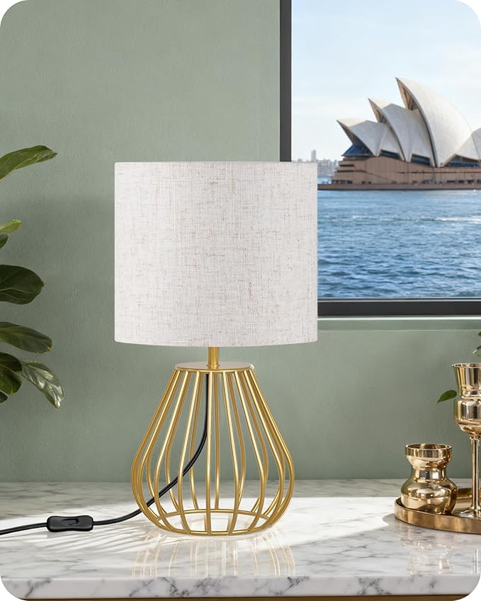 Bedside Table Lamp, 12.6'' Small Table Lamp with Beige Linen Lampshade & Gold Teardrop Cage, Modern Small Little Cute Desk Lamp for Bedroom, Living Room, 2700K LED Bulb Included DE06TL05
