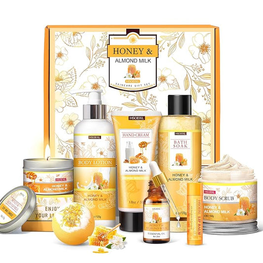 Gifts for Women, Birthday Gifts for Women, 9 Pc Almond Milk & Honey Bath and Body Gifts Set, Self Care Gifts Spa Gifts Basket, Relaxing Bath Sets for Mom, Girlfriend, Sister, Female Friends, Coworker
