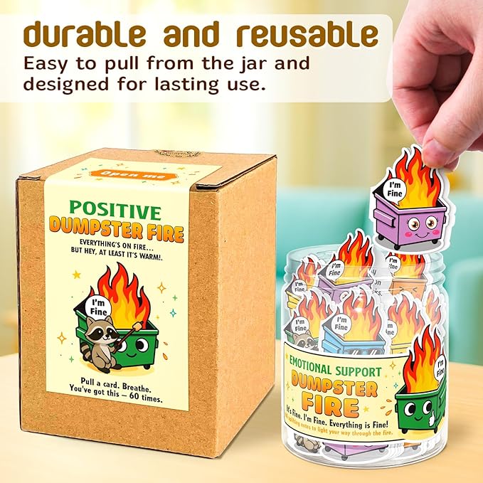 Emotional Support Dumpster Fire – Funny Dumpster Fire Gifts - 60 Positive Dumpster Fire Daily Affirmation Cards Jar – Coworker Leaving Gifts For Women - Funny Farewell Gift For Coworkers