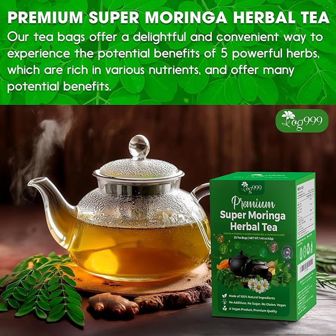 TOG999, Premium 20 Tea bags Super Moringa Herbal Tea, Special Blend of Moringa Leaves, Spearmint Leaves, Ginger, Lemon Peel and Chamomile. No Sugar, No Caffeine, No Gluten, Vegan.