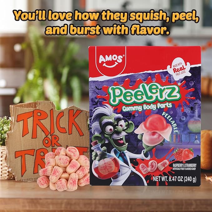 AMOS Halloween Peelerz Body Parts Gummies Candy - Party Treats & Trick or Treat Favors for Kids, Fun Snacks for Adults, Individually Wrapped Pieces, 240g (8.47oz) Bag