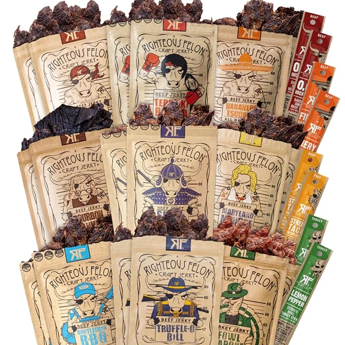 Righteous Felon Beef Jerky and Meat Sticks Variety Pack, High Protein, Low Carb, Low Sugar, Gluten Free, Healthy Snacks for Adults and Kids, Made with Premium Meats, Gifts for Men (Noah's Ark 26 Pack)