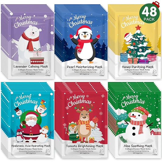 48 Pack Christmas Facial Masks for Stocking Stuffers, Bulk Moisturizing Facial Masks Set for Women Skin Care, Sheet Face Masks Skincare, Cute Christmas Gifts for Women