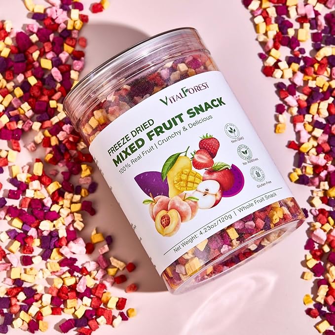 Freeze Dried Mixed Fruit Snacks - 4.23oz(120g) Crunchy Dried Fruit Mix with Strawberry, Dragon Fruit, Purple Sweet Potato, Mango, Peach, & Apple, Natural Healthy Dehydrated Fruits Snacks
