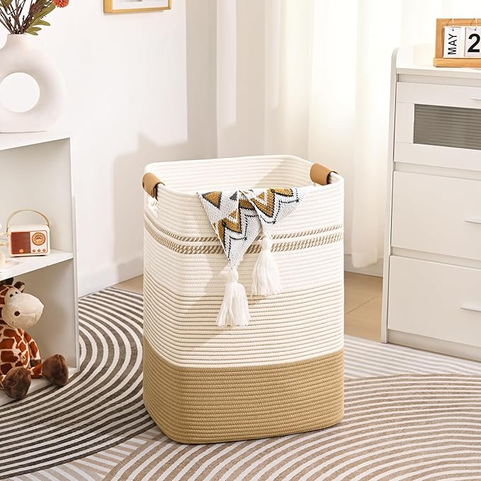 Laundry Hamper, 85L Tall Laundry Basket with Leather Handles, Rectangle Large Clothes Hamper for Organizing, Cotton Woven Laundry Baskets Storage Hampers for Bedroom, Nursery, Living Room