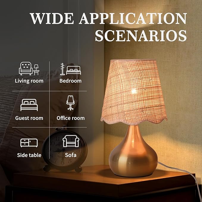 Gold Small Bedside Table Lamp Touche Control 3-Way Dimmable Brass Mini Table Lamps for Nightstand, Rattan Shade Small Table Lamps for Small Spaces for Kitchen Counter, Bookshelf, Bedroom
