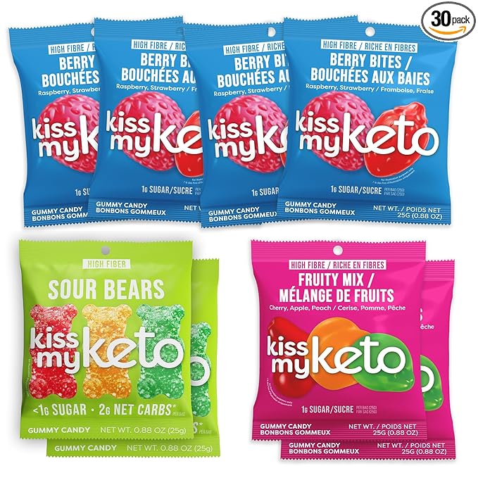 Kiss My Keto Fruity and Sour Flavour Variety Pack – 1g Sugar, Low Carb, High Fiber, non-GMO Sour Gummies Candy – 4-pack Mixture of Gummy Fruity, 2-pack Mixture of Gummy Berry & Gummy Sour Bears - (8-pack)
