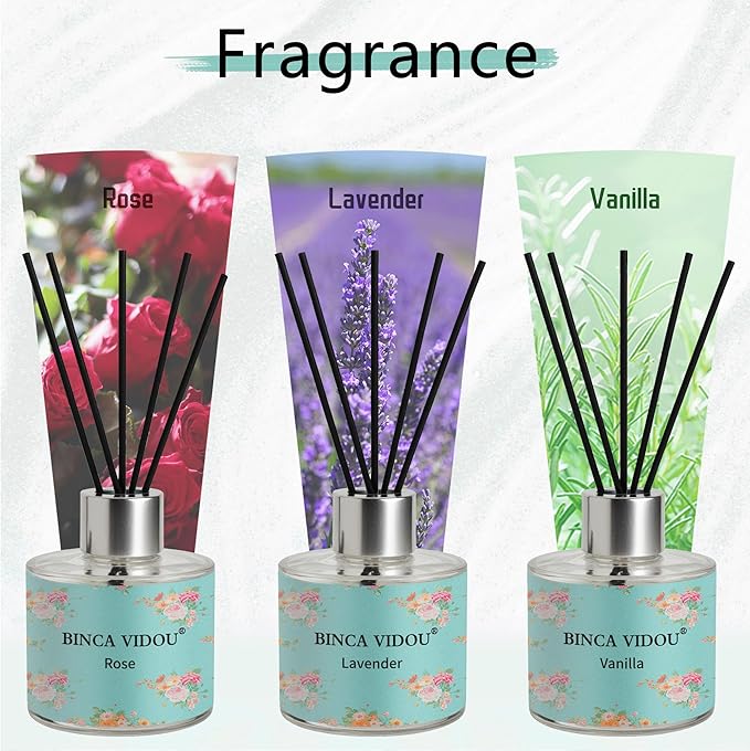 Binca Vidou Reed Diffuser Set of 3, Lavender, Rose, Vanilla Aromatherapy Oil Diffusers for Bedroom, Living Room, Office, Gift & Stress Relief, 50ml x 3