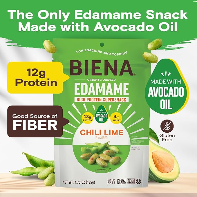 Biena Crispy Roasted Edamame Beans Snack – High Protein Snack for Adults & Kids, 12g-13g Protein per Serving - Made with Avocado Oil – Vegan, Low Carb, Gluten-Free – 3-Pack 4.75oz, Chili Lime