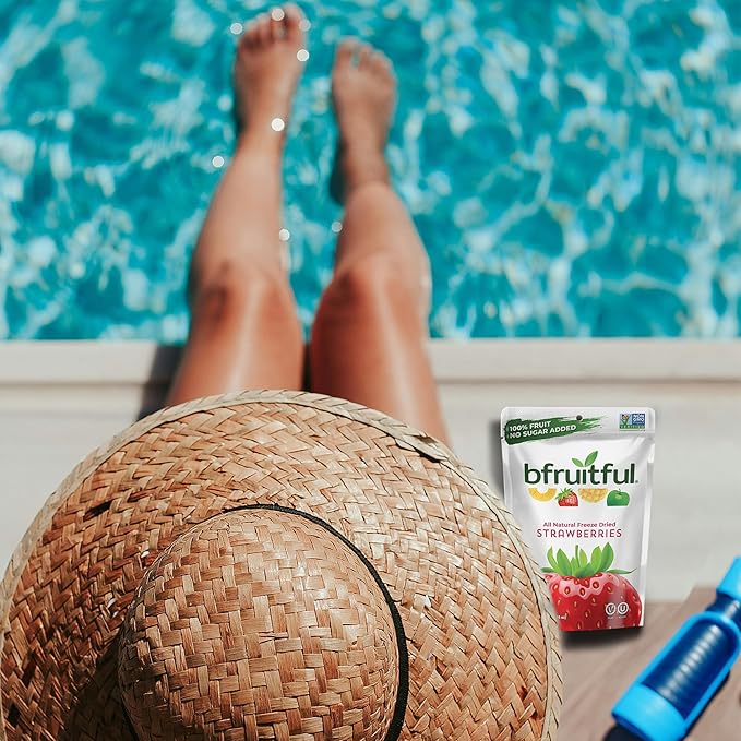 bfruitful Freeze-Dried Strawberries, Freeze Dried Fresh Fruit Bites, Gluten Free, Vegan, Dairy Free, Kosher, No Sugar Added, Non GMO, Healthy Snacks for Kids or Adults, 0.56 oz Single-Serve Snack Packets, 24 Pack