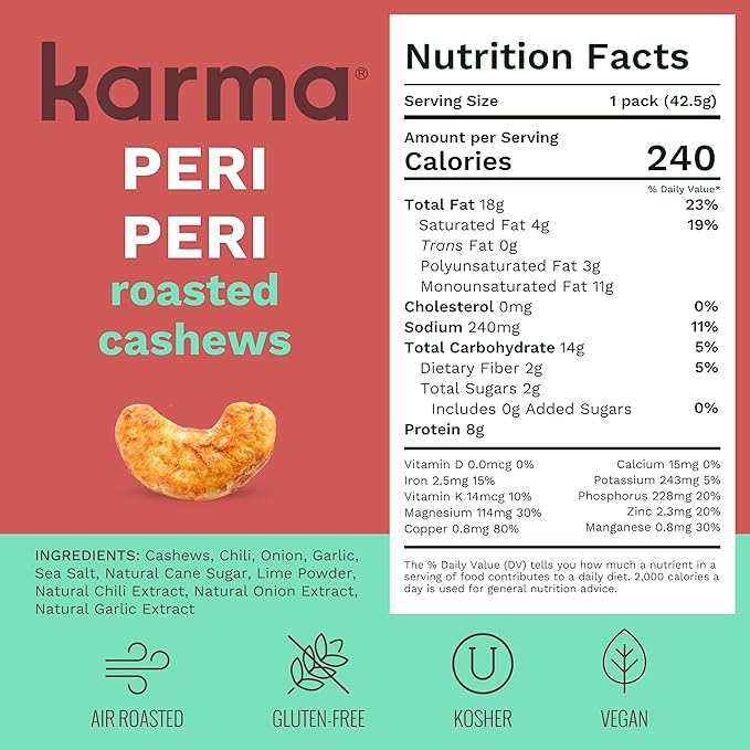 Karma Nuts Peri Peri Chili Spiced Cashews | 1.5 oz - 12 Pack | Whole Cashews | Air Roasted, No Oil | Natural, Minimally Processed | Non-GMO, Gluten-Free, Vegan, Kosher | Rich in Antioxidants + Fiber