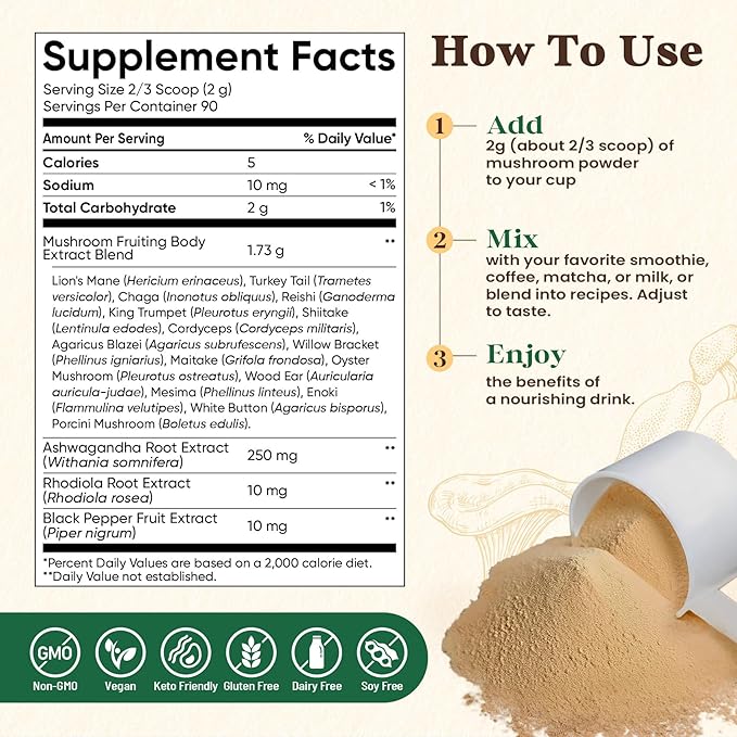 Fidus 16 Mushroom Supplement Powder with 17,300mg, 90 Day Servings Mushroom Coffee Alternative for Immunity, Focus & Energy with Ashwagandha, Lion's Mane, Chaga and Reishi, 100% Fruiting Bodies