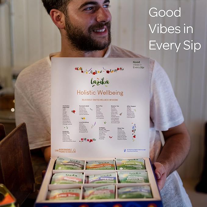 Lazika Herbal Tea Variety Pack with Lovely Presentation Box, 54 Counts, Holistic Wellbeing Tea Assortment Gift Set, Premium Collection with Pyramid Infuser Bag, Handcrafted