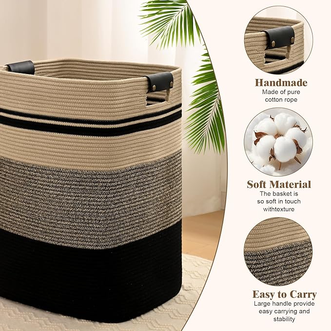 Laundry Hamper, 95L Tall Laundry Basket with Leather Handles, Rectangle Large Clothes Hamper for Organizing, Cotton Woven Laundry Baskets Storage Hampers for Bedroom, Nursery, Living Room