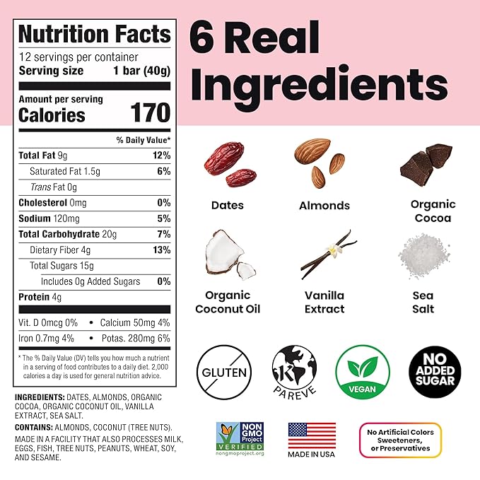 Bahamii Snack Bars, Made with Dates & Nuts, Healthy Snacks, Gluten Free, Good Source of Fiber, Only 6 Ingredients, For Kids & Adults, No Added Sugar, Vegan, 12 Pack, Chocolate Almond