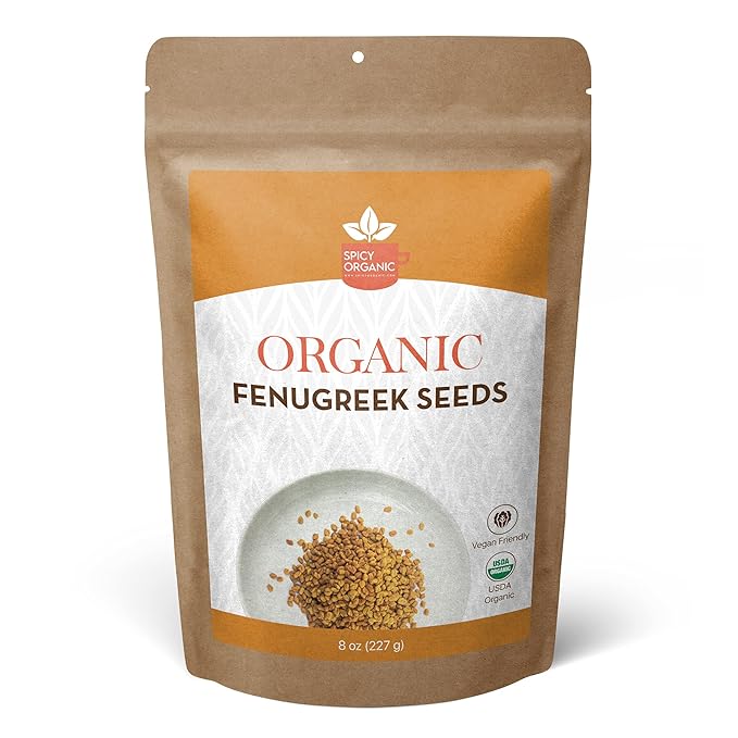 SPICY ORGANIC Fenugreek Seeds 8oz – USDA Certified Organic, Non-GMO, Gluten Free, All-Natural Methi for Cooking, Herbal Tea, Sprouting & Natural Hair Care – Raw Spice for Methi Water – Product of India