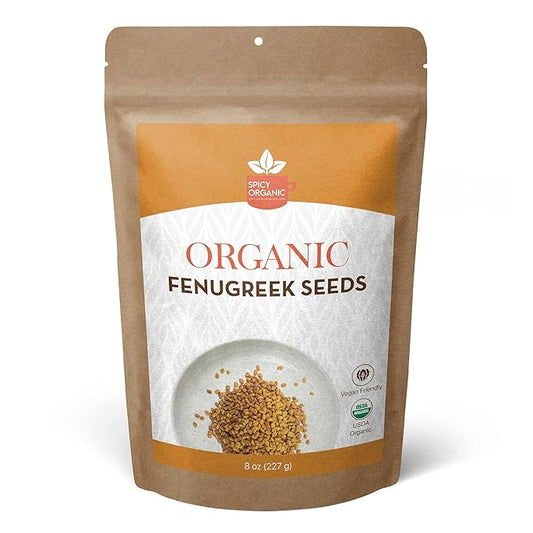 SPICY ORGANIC Fenugreek Seeds 8oz – USDA Certified Organic, Non-GMO, Gluten Free, All-Natural Methi for Cooking, Herbal Tea, Sprouting & Natural Hair Care – Raw Spice for Methi Water – Product of India