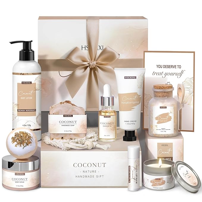 Gifts for Women Bath and Body Gift Basket Set for Women, 12 Piece Set of Coconut Home Spa Set for Self Care, Mothers Day Relaxing Bath Sets Birthday Christmas Gifts for Mom Sister Her Wife