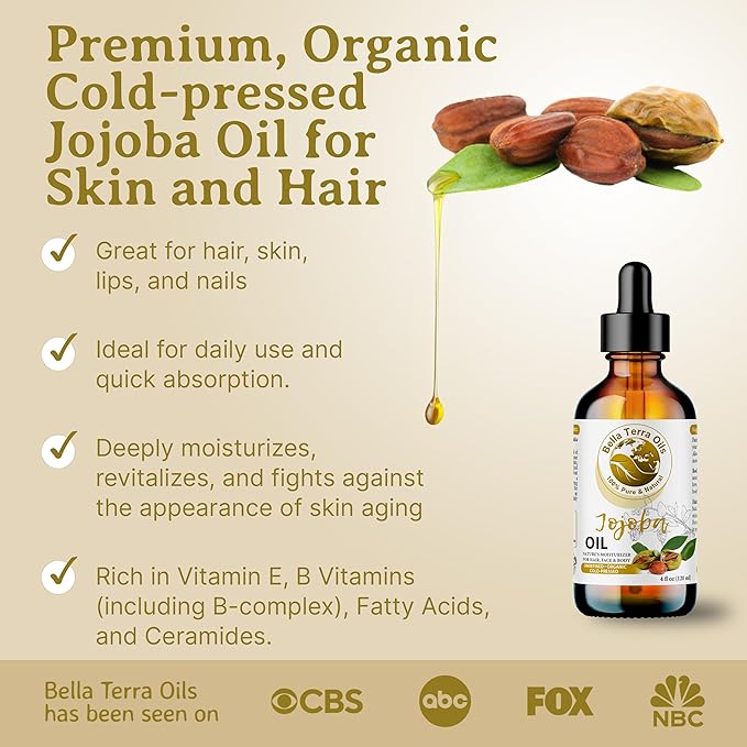 Bella Terra Oils - Organic Jojoba Oil 8oz - Embrace Organic Jojoba's Hydrating Potential, Rich in Essential Nutrients & Antioxidants, Perfect for Nail Oil Enthusiasts