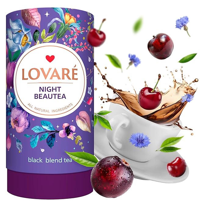 LOVARE Night Beautea Loose Leaf Tea 80 g - Made in Ukraine - Ceylon Black Tea, Cherry Berries, Cornflower Petals, Royal Pomegranate Plum Aroma - Tea Lovers Gift Box with 15 Paper Filters
