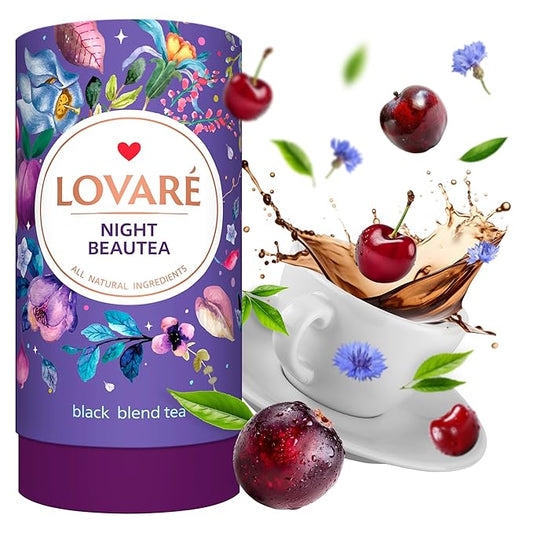 LOVARE Night Beautea Loose Leaf Tea 80 g - Made in Ukraine - Ceylon Black Tea, Cherry Berries, Cornflower Petals, Royal Pomegranate Plum Aroma - Tea Lovers Gift Box with 15 Paper Filters