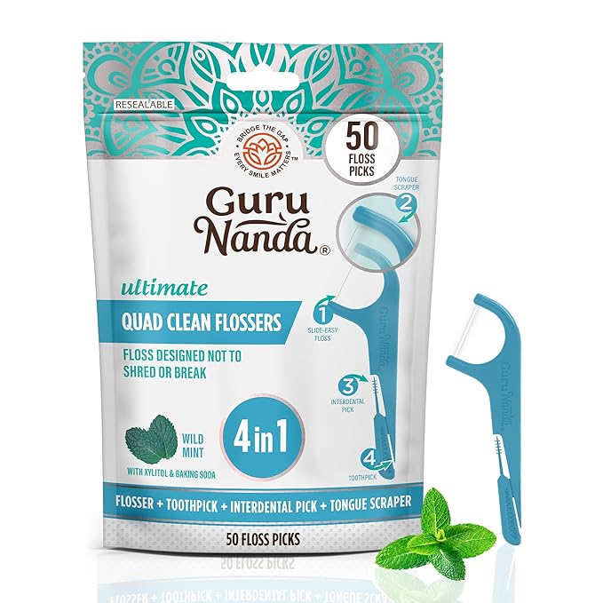 GuruNanda Quad Clean Floss Picks 4-in-1 with Tongue Scraper, Interdental Pik & Toothpick, Non-Shred Dyneema Thread, with Xylitol & Baking Soda, 50ct