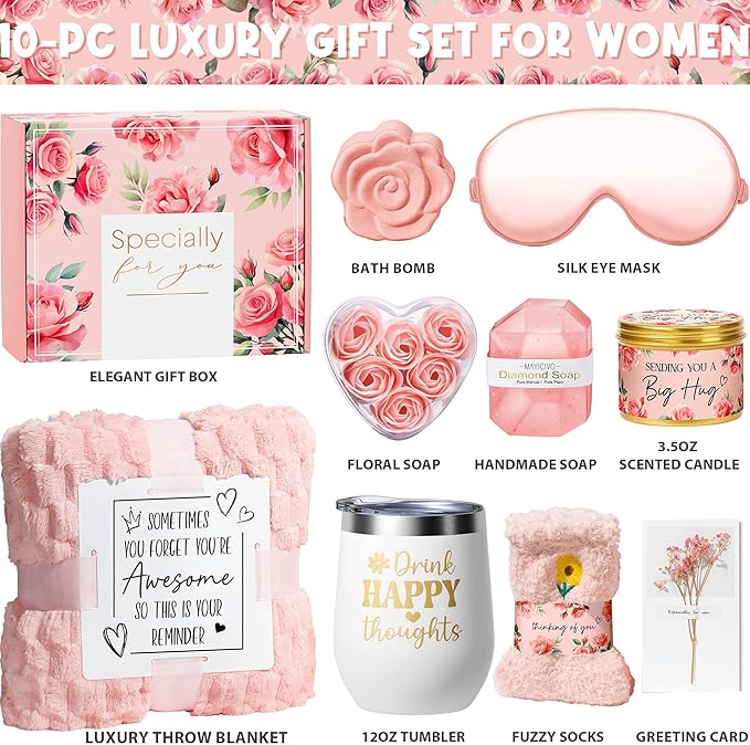 Birthday Gifts for Women Self Care Gift, Rose Spa Gift Baskets Bath Set Get Well Soon Care Package Christmas Mom Gifts for Women Sister Friend Wife Grandma Teacher Nurse w/ Blanket