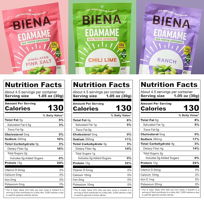 Biena Crispy Roasted Edamame Beans Snack – High Protein Snack for Adults & Kids, 12g-13g Protein per Serving - Made with Avocado Oil – Vegan, Low Carb, Gluten-Free – 3-Pack 4.75oz Variety Pack