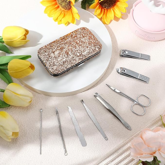 Geosar 12 Set 8 in 1 Manicure Set Stainless Steel Nail Clippers Kit Pedicure Care Tools with Leather Case Travel Grooming Kit Gift for Women Men(Glitter Rose Gold)