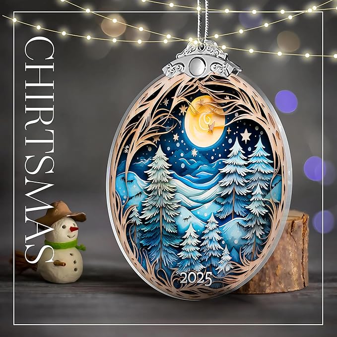 Christmas Ornaments, Winter Night Landscape 2025 Christmas Ornament, Large Acrylic Ornaments for Christmas Tree, White Elephant Gifts, Christmas Decor (Blue Forest)