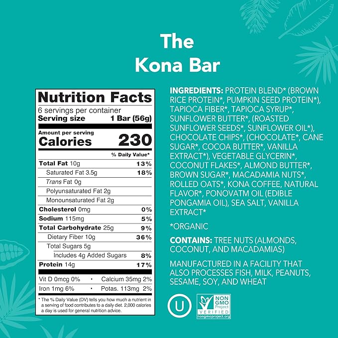 ALOHA Organic Plant Based Protein Bars | The Kona Bar - Special Edition | 6 Count, 1.98oz Bars | Vegan, Low Sugar, Gluten Free, Paleo, Low Carb, Non-GMO, Stevia Free, Soy Free, No Erythritol