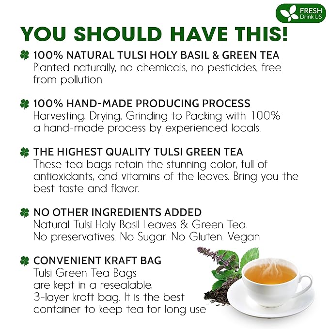 FreshDrinkUS, Premium 55 Tulsi Green Tea Bags, 100% Natural, Blend of Tulsi Holy Basil Leaves, and Green Tea Leaves. Made with Natural Material Tea Bags. No Sugar, Vegan.