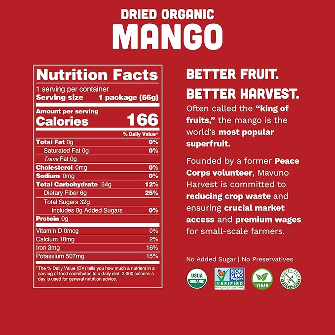 Mavuno Harvest Mango Dried Fruit Snacks | Unsweetened Organic Dried Mango Slices | Gluten Free Healthy Snacks for Kids and Adults | Vegan, Non GMO, Direct Trade | 1 Pound Resealable Bag