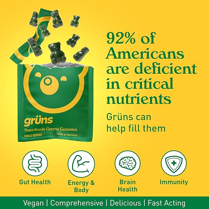 Gruns Adults Super Greens Gummies, Multivitamin Superfood Gummy Bears, Spirulina, Chlorella, Prebiotics & Fiber Gummies for Digestive Health, Adaptogens Supplement, 20 Vitamins & Minerals, 10 Count