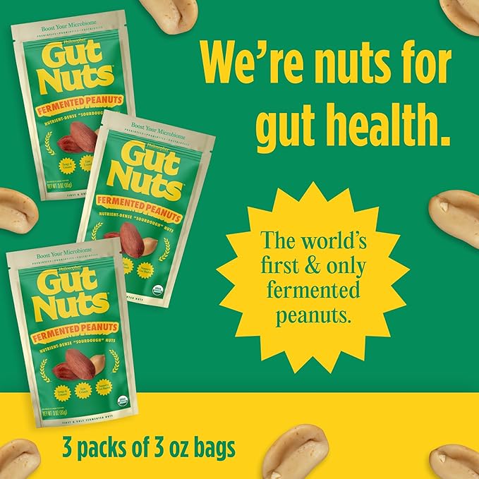 Gut Nuts - Fermented and Sprouted "Sourdough" Peanuts for Gut Health - Tangy, Umami, & Salty Flavors - Super Crunchy Low Carb Keto Snacks - Low Sugar Prebiotic & Postbiotic Peanut Snacks - 3oz Pouch (3 Pack) - by Philosopher Foods