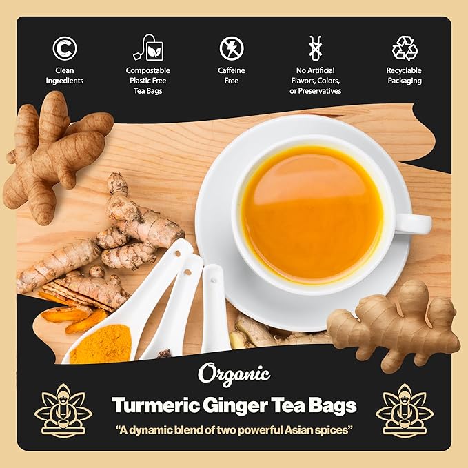 Buddha Teas - Organic Turmeric Ginger Tea Bags - For Health & Wellbeing - With Antioxidants & Minerals - Clean Ingredients - Caffeine Free - OU Kosher & Non-GMO - 100 Non-String Tea Bags (Pack of 1)