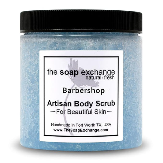 The Soap Exchange Sugar Body Scrub - Barbershop Scent - Hand Crafted 16 fl oz / 480 ml Natural Artisan Skin Care, Shea Butter, Exfoliate, Moisturize, & Protect. Made in the USA.